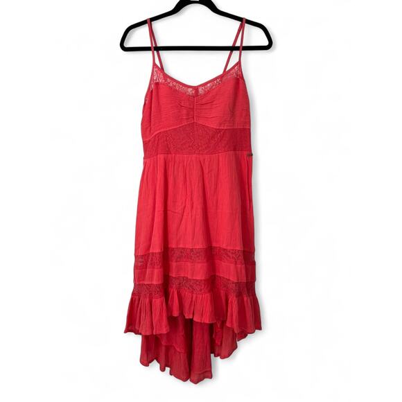 ROXY | L | Dress Sundress Swim Beach Cover-up Lace Ruffle Sleeveless Womens Red - Picture 2 of 7
